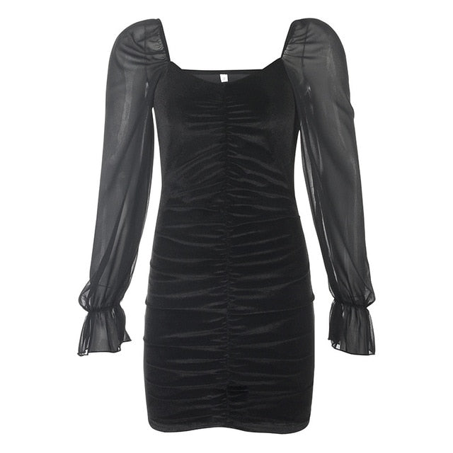 Gothic Sexy Dress Vintage Off Shoulder Lantern Sleeve Mesh Patchwork Velvet Mini Dress Dark Street Black Dress for Female