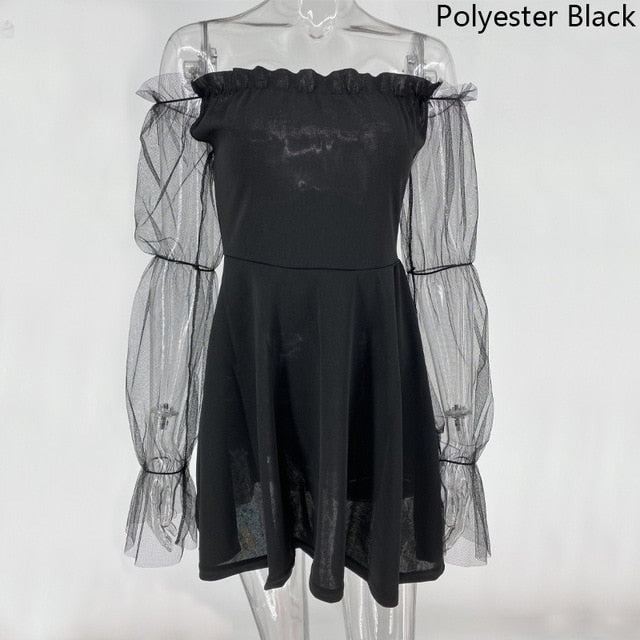 Gothic Sexy Dress Vintage Off Shoulder Lantern Sleeve Mesh Patchwork Velvet Mini Dress Dark Street Black Dress for Female